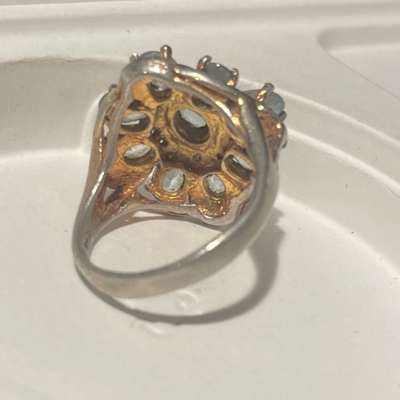 Vintage Aquamarine 925 M Cluster Rare Floral Antique Cluster Ring - Picture 4 of 10